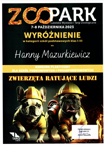wróżnienie H.Mazurkiewicz w konkursie plastycznym Zwierzęta ratujące ludzi